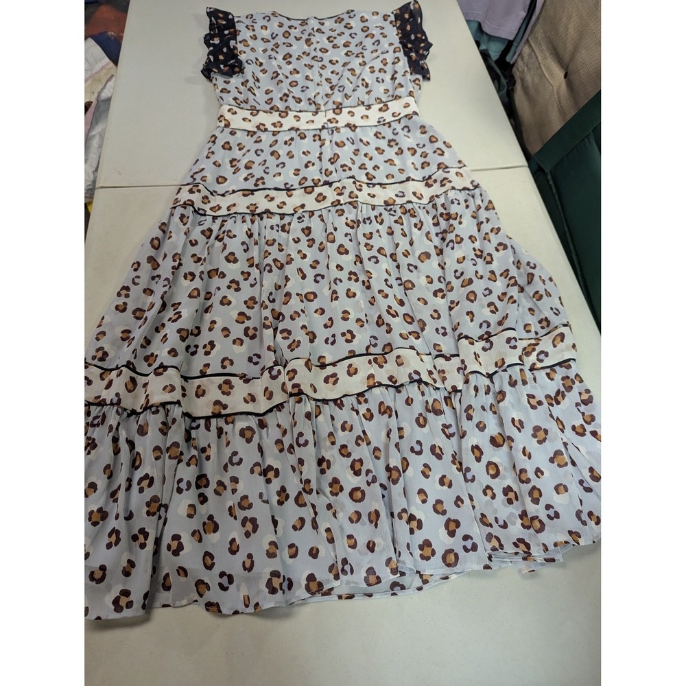 Ann Taylor 6P Blue Leopard Print Tiered Prairie Midi Dress Flutter Sleeve Lined - Picture 12 of 13
